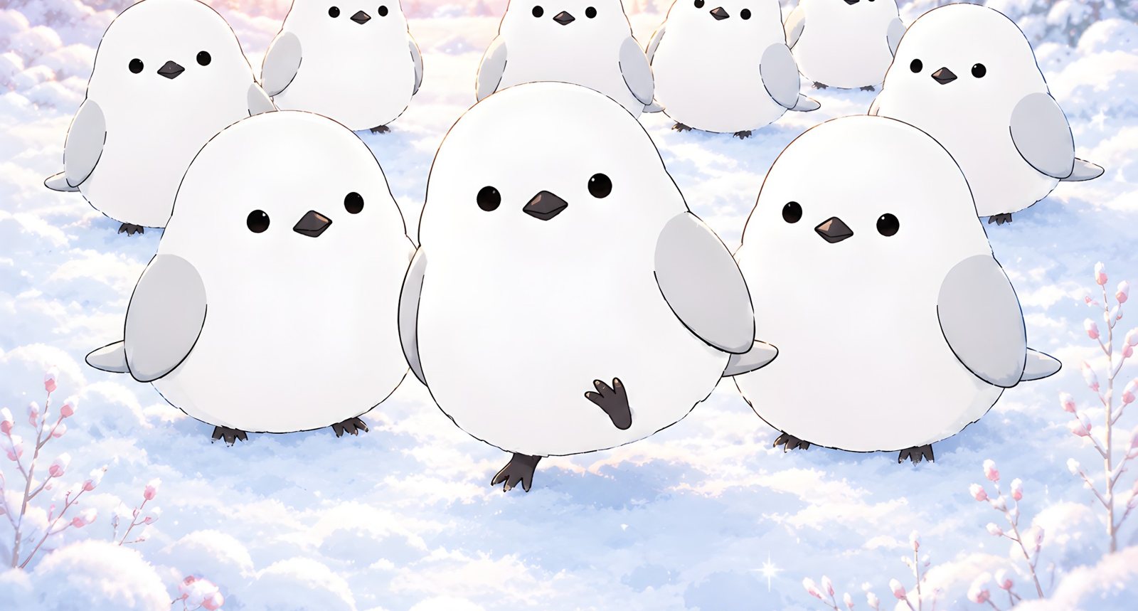 雪原に集まるシマエナガたち。中央は足を上げたシマエナガ